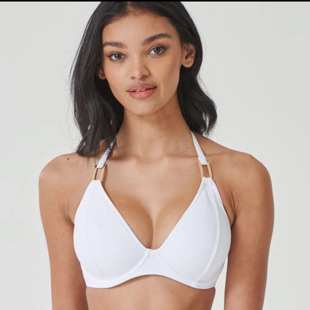 White Halter Bikini Top with Gold Accents
